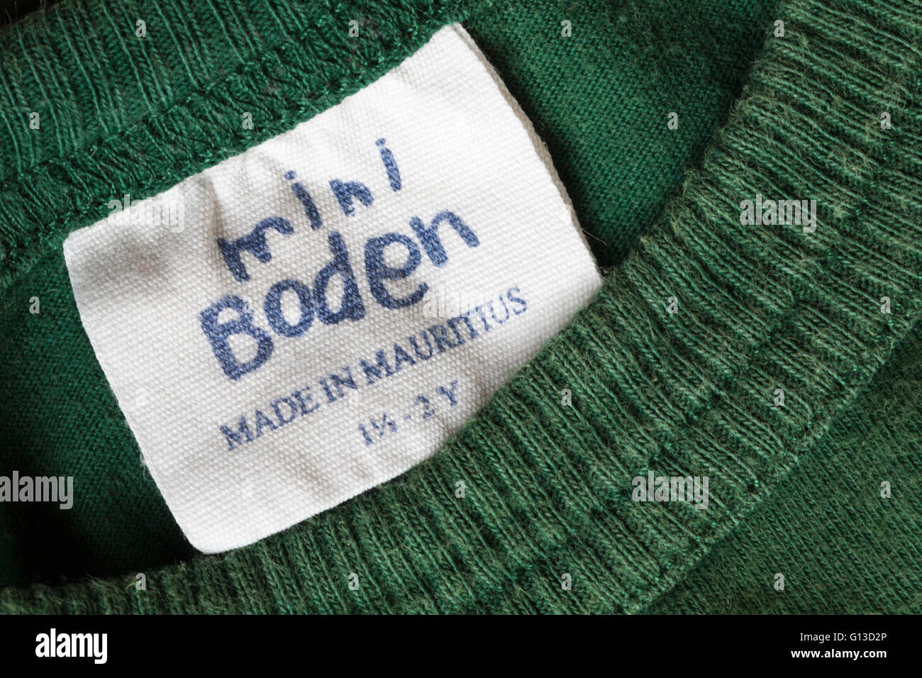 label in mini Boden garment for 1 1/2-2Y made in Mauritius - sold in the UK United Kingdom, Great Britain Stock Photo