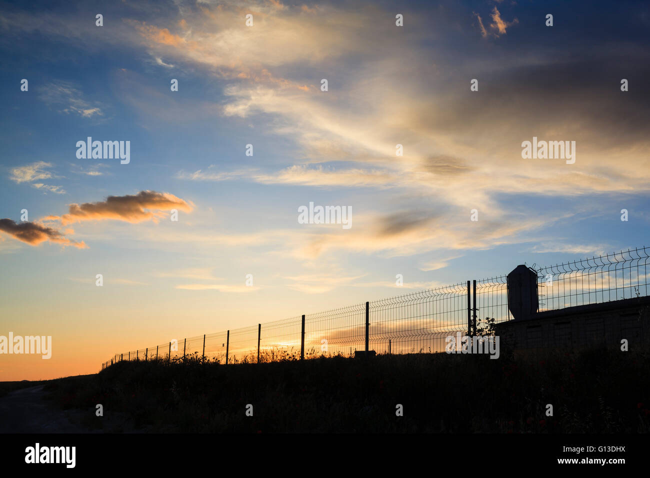 Farm at sunset. Lleida province. Catalonia. Spain. Stock Photo