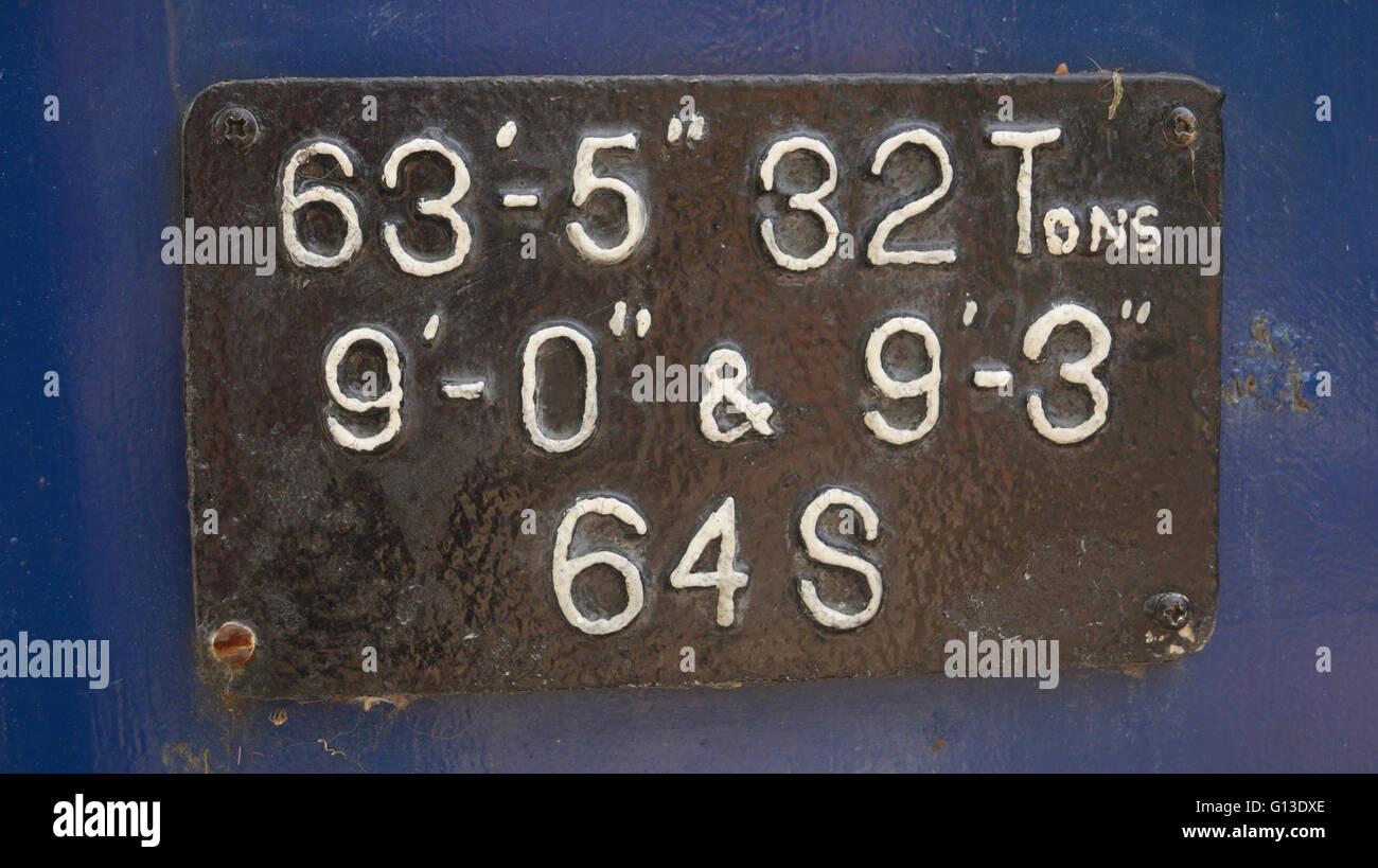 Information of weight, length and width on the side of a train carriage Stock Photo Alamy