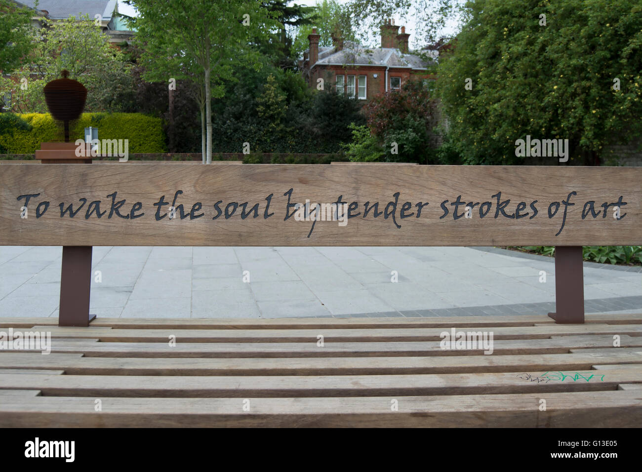 an alexander pope quote, from prologue to mr. addision's cato, on a bench in twickenham, middlesex, england Stock Photo