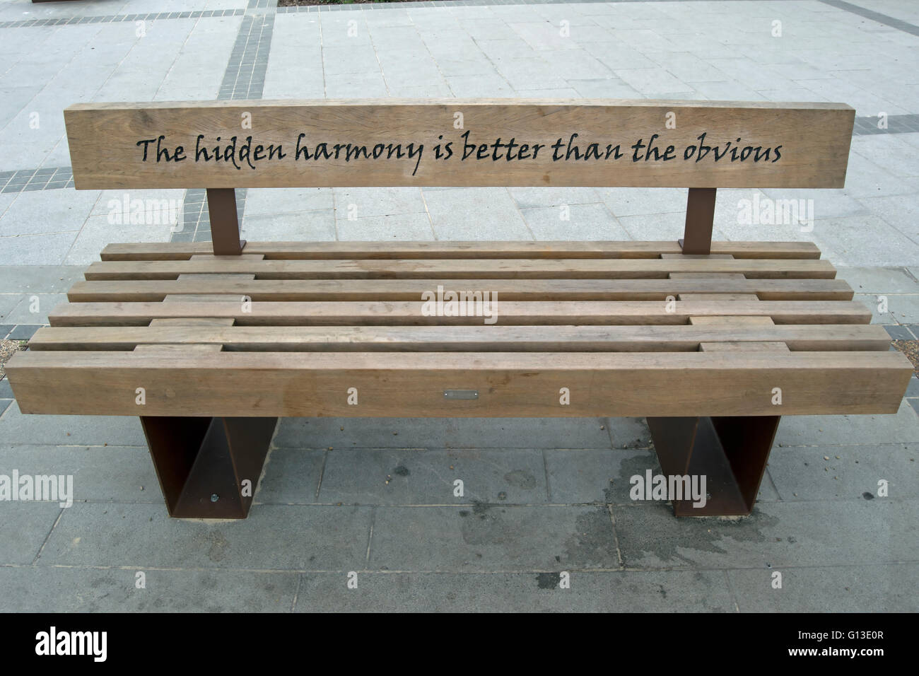 an heraclitus quote on a bench in twickenham, middlesex, england Stock Photo