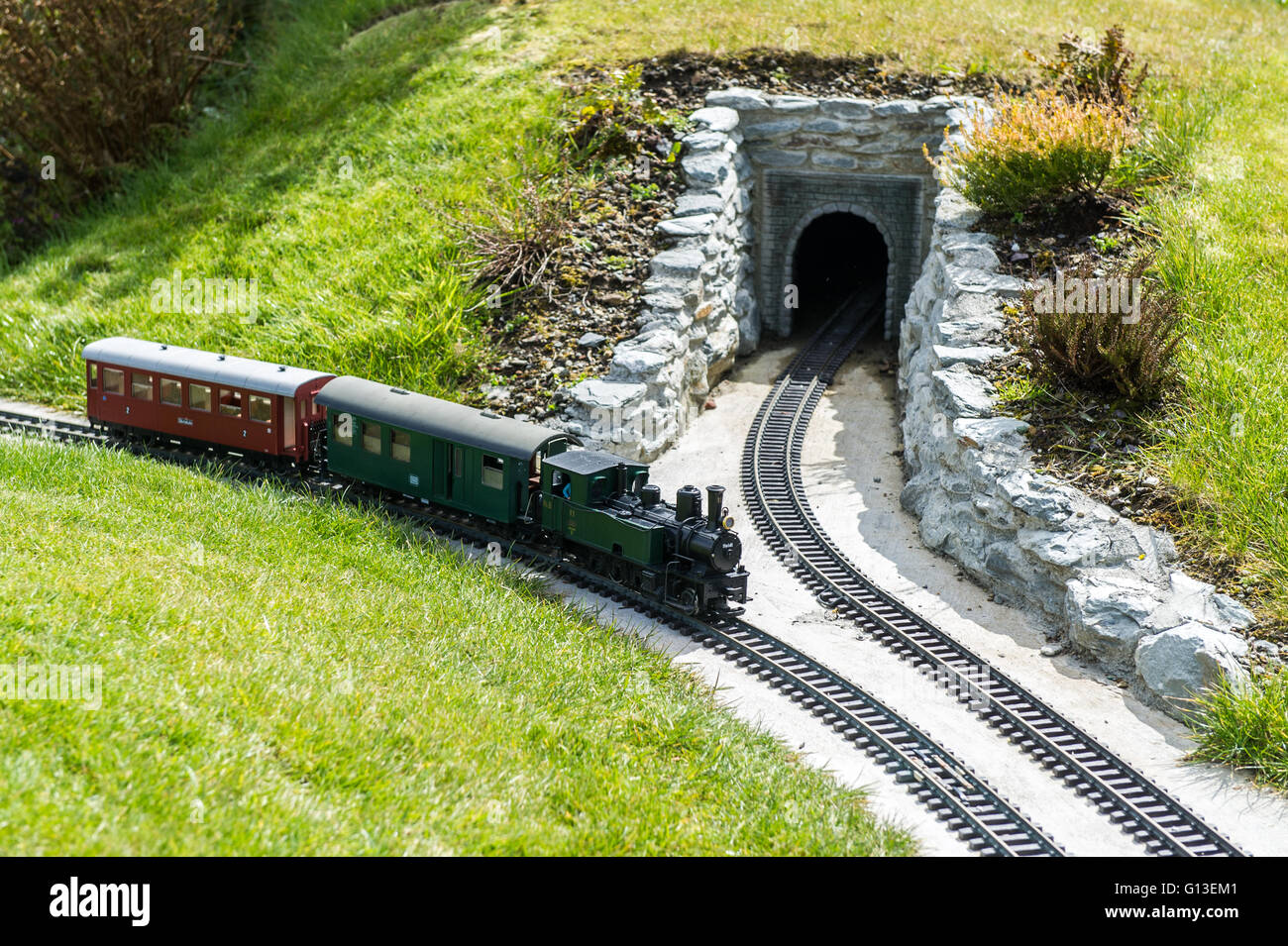A model steam train travels along the railway line at Clonakilty Model