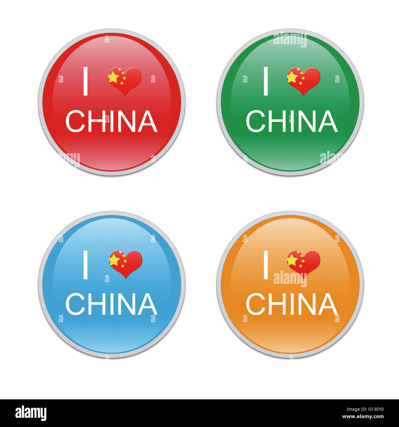 Icons to symbolize I Love China in red, green, blue and orange colors