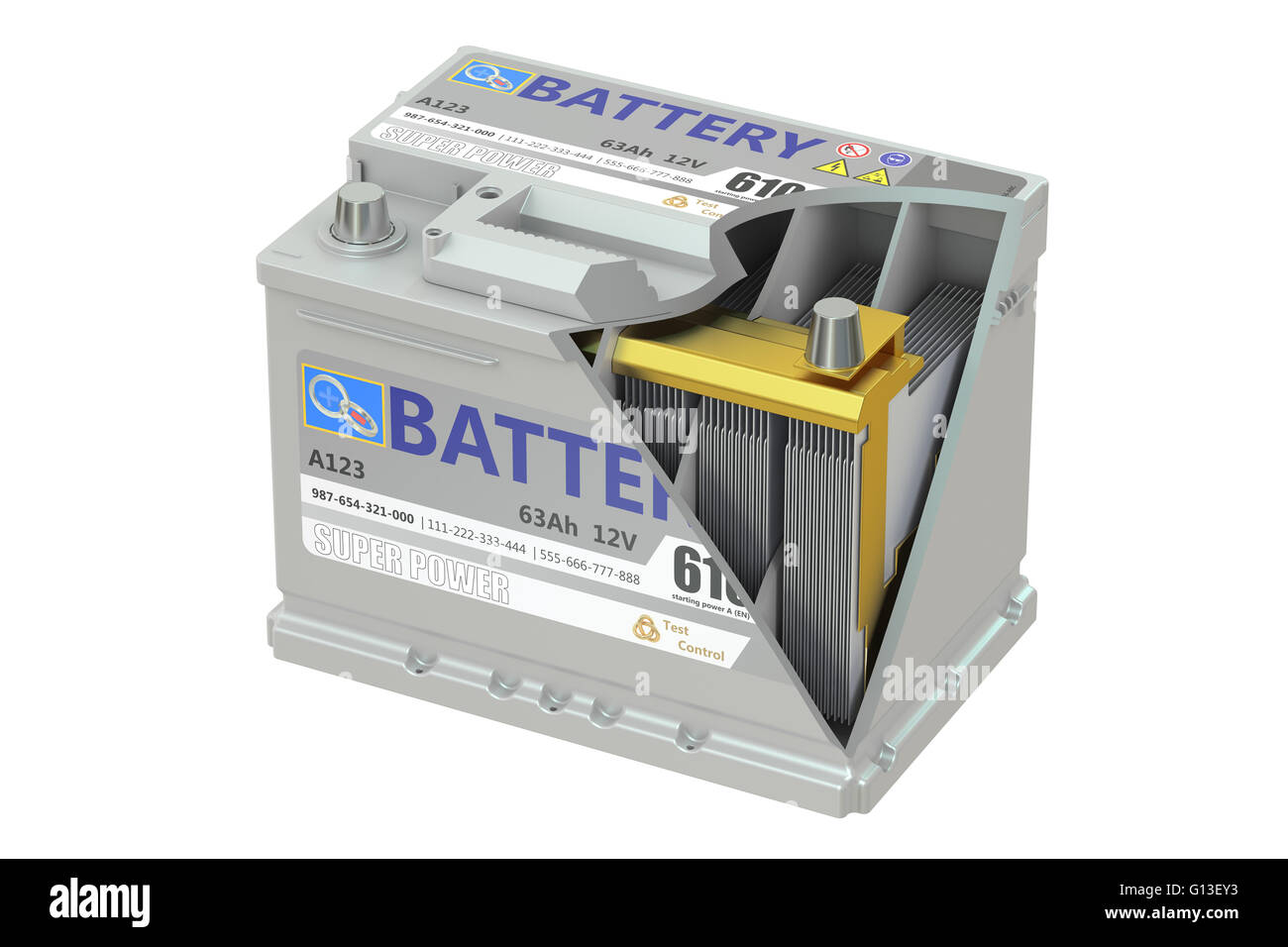 A cut of a car battery, 3D rendering isolated on white background Stock  Photo - Alamy