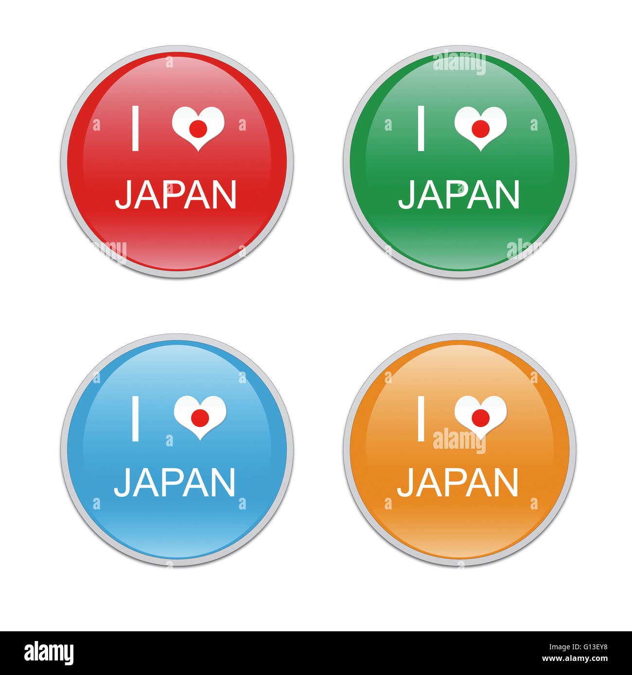 Icons to symbolize I Love Japan in red, green, blue and orange colors