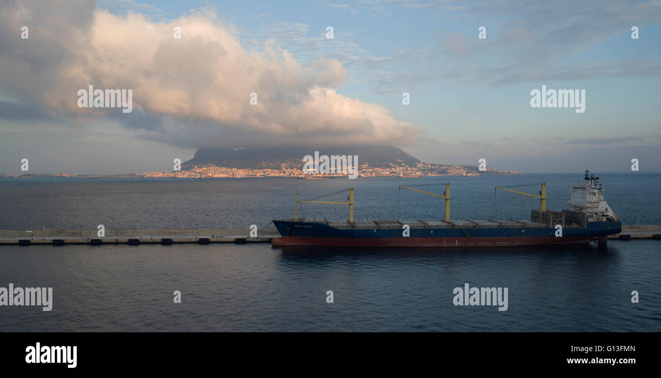Rock of Gibraltar seen from Corte Real container ship en route to Algeciras in Southern Spain. Stock Photo