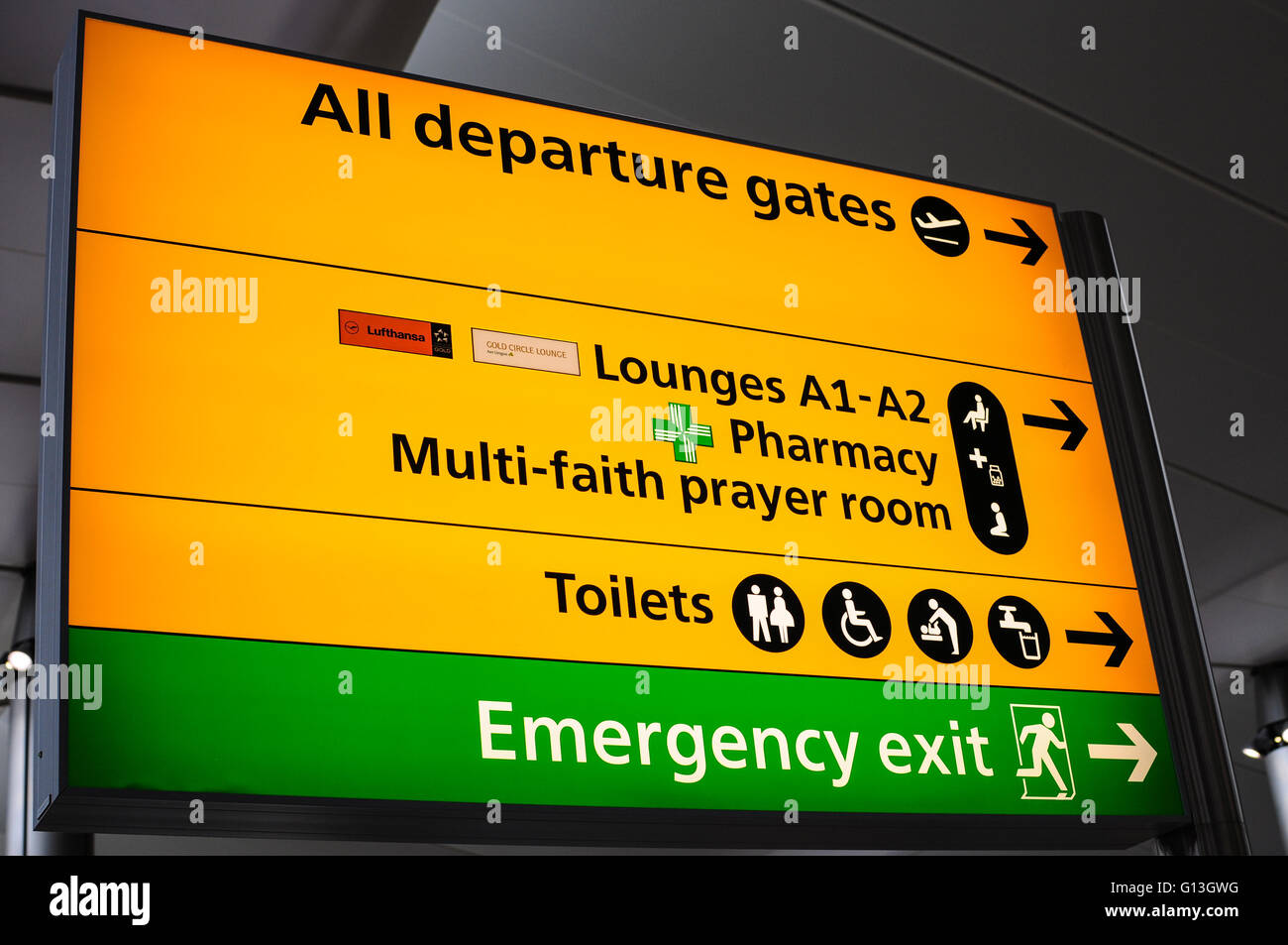 Departure gate sign London Heathrow airport Stock Photo