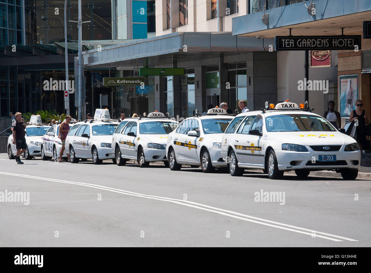 Row of taxis outside Tea Gardens Hotel, Bronte Road, Bondi Junction, Sydney, New South Wales, Australia Stock Photo