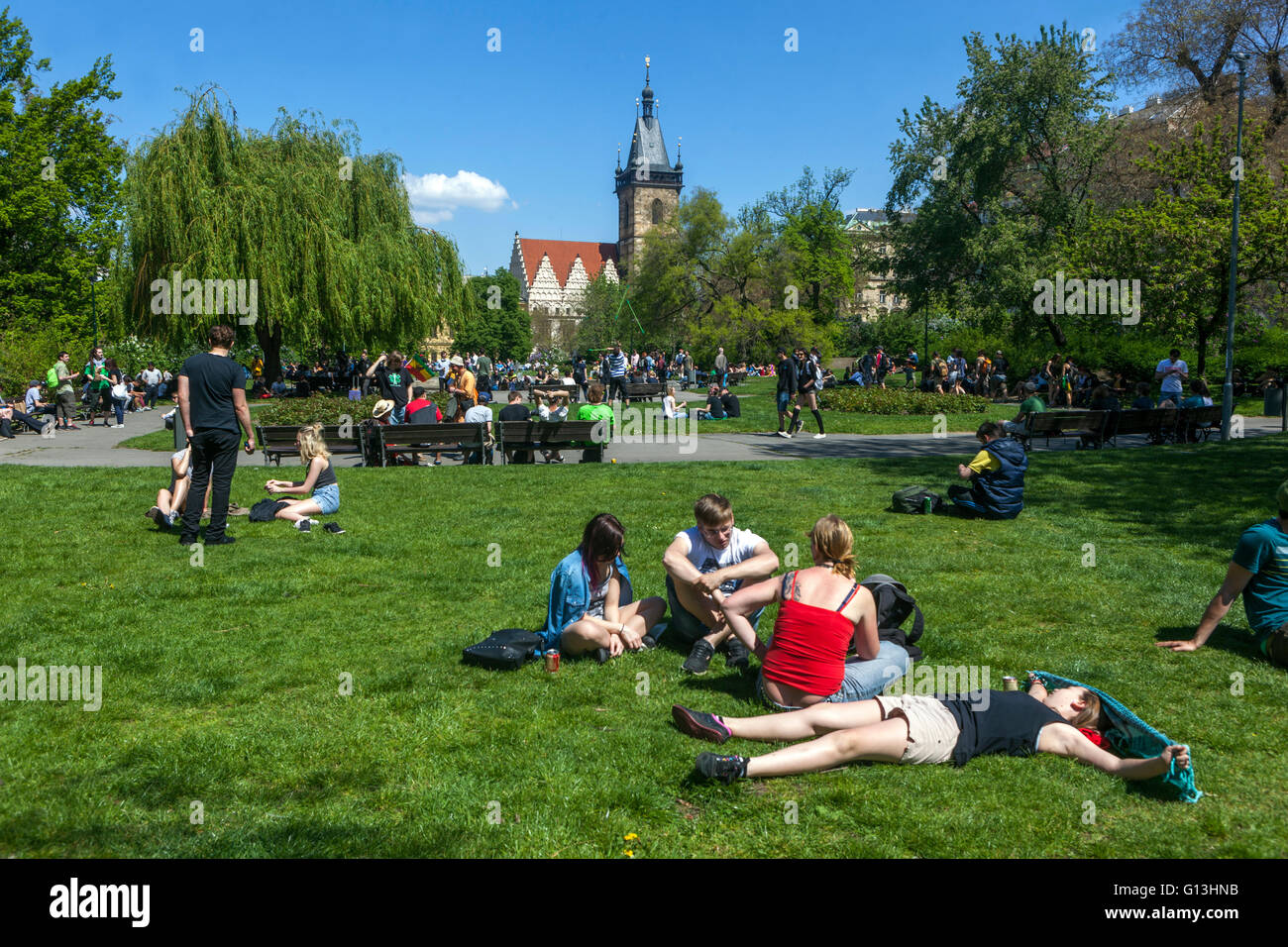 People on Charles Square Prague, Czech Republic Stock Photo