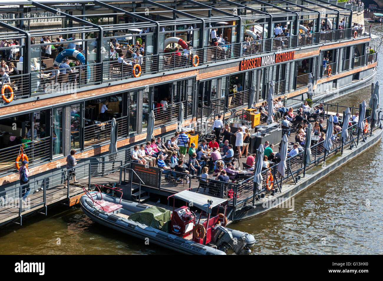 Prague restaurant People in boat Marina ristorante Old Town, Czech Republic Vltava in Prague Stock Photo