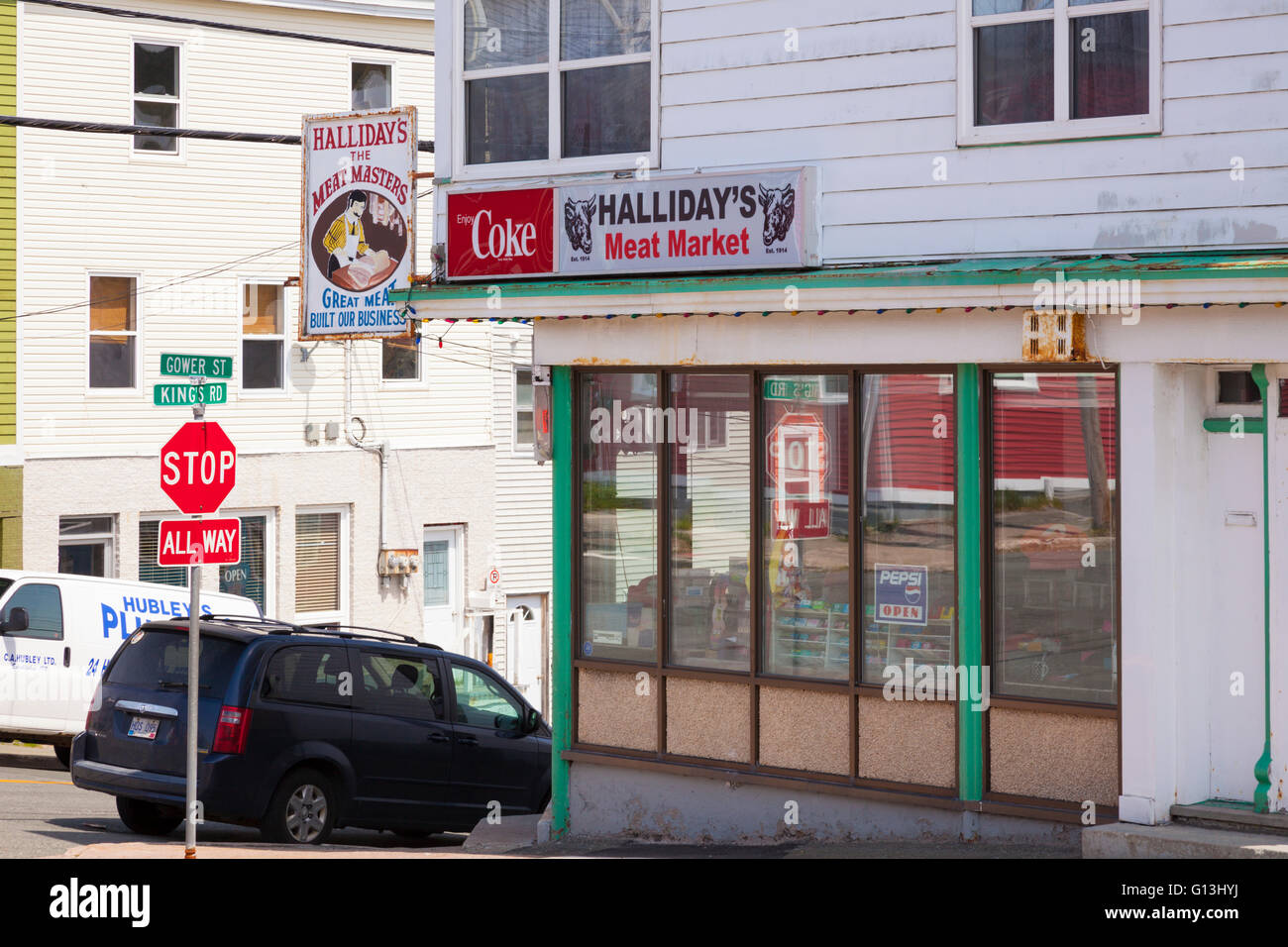 A local butcher shop (Halliday's Meat Market) in downtown St. John's, Avalon Peninsula, Newfoundland, Canada. Stock Photo