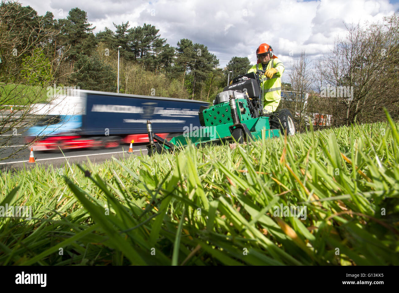 Grass cutting by busy M77 motorway Stock Photo