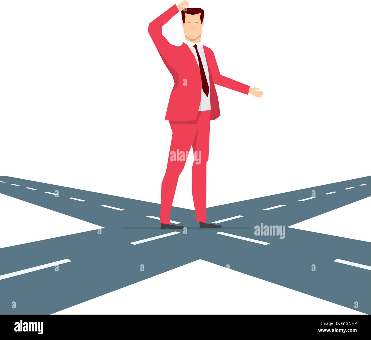 Red suit businessman thinking for choice. Vector concept illustration. Stock Vector