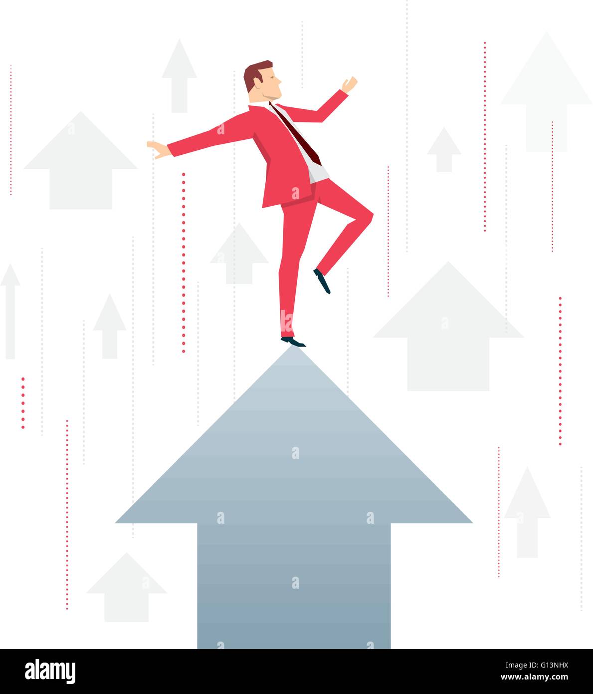 Red suit businessman standing on arrow peak. Vector concept ...