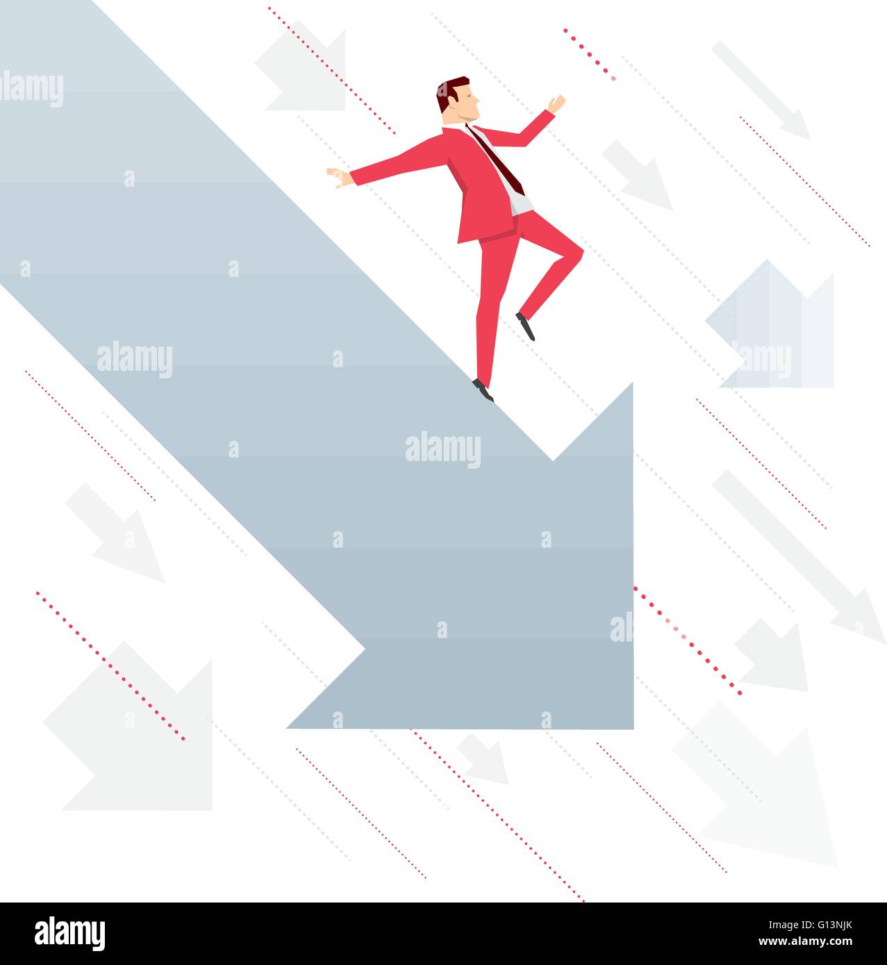 Red suit businessman falling down with arrow. Vector concept illustration. Stock Vector