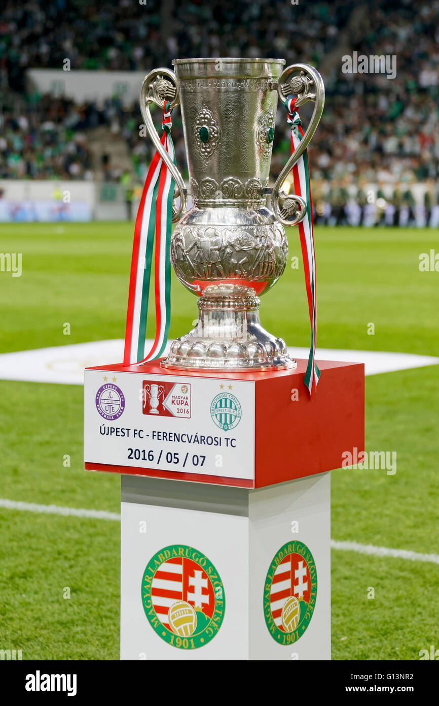 BUDAPEST, HUNGARY - MAY 7, 2016: The Team Of Ferencvarosi TC Celebrate With  The Goblet During The Hungarian Cup Final Football Match Between Ujpest FC  And Ferencvarosi TC At Groupama Arena On