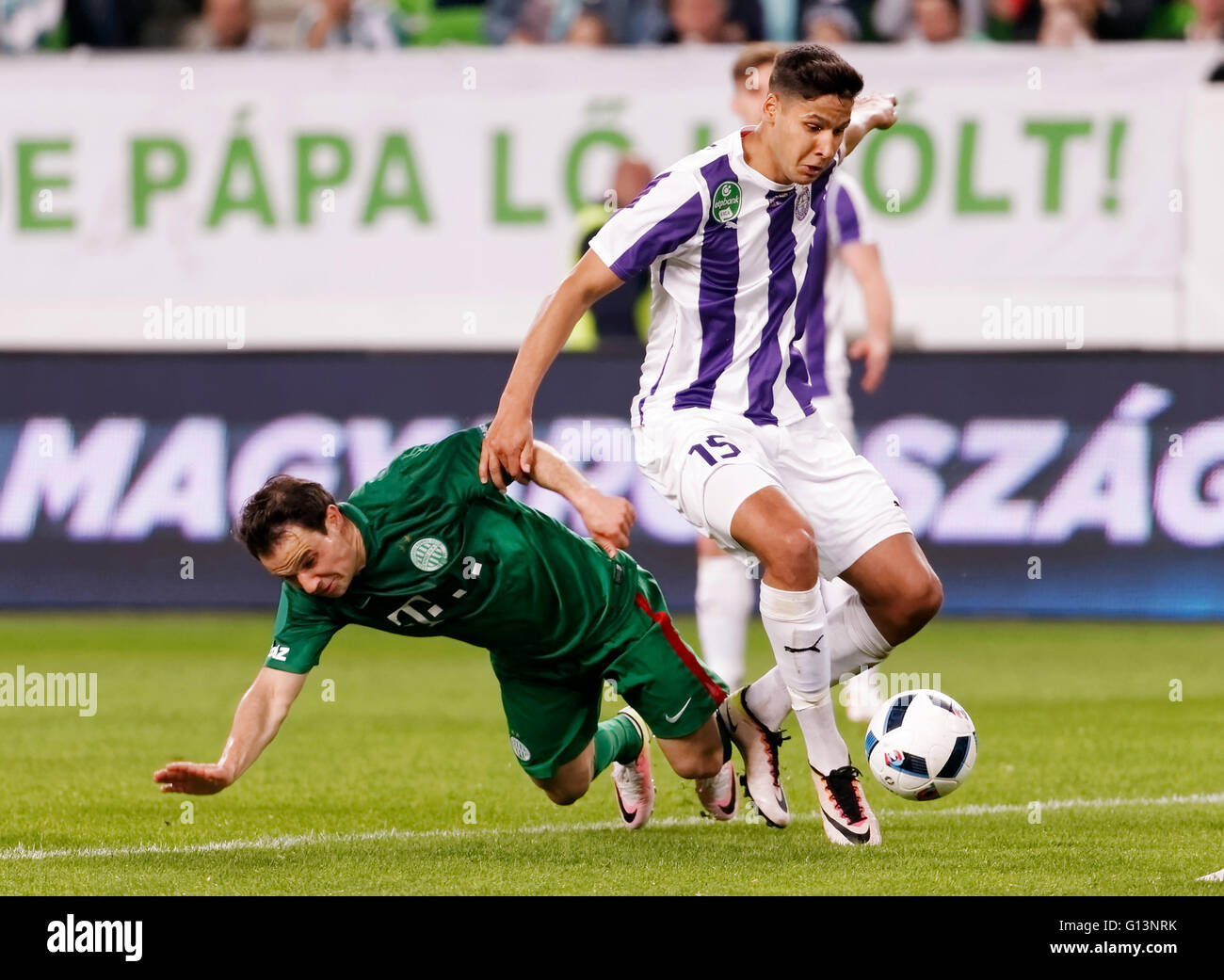 BUDAPEST, HUNGARY - MAY 7, 2016: Benjamin Cseke (L) Of Ujpest FC