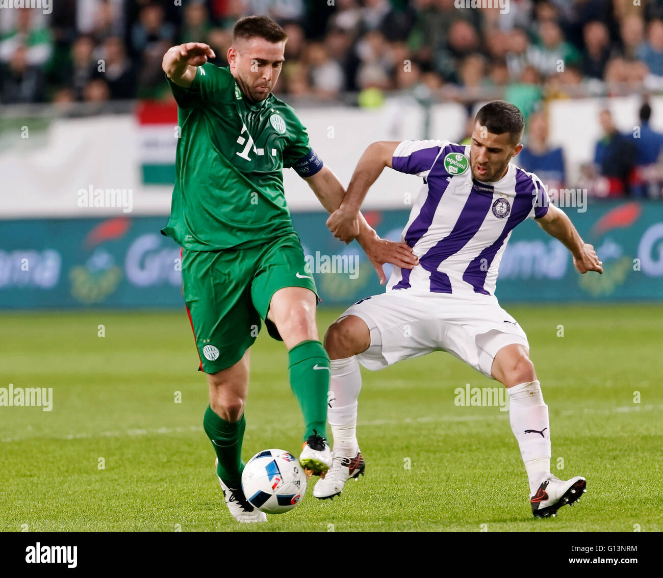 BUDAPEST, HUNGARY - MAY 7, 2016: Benjamin Cseke (L) Of Ujpest FC