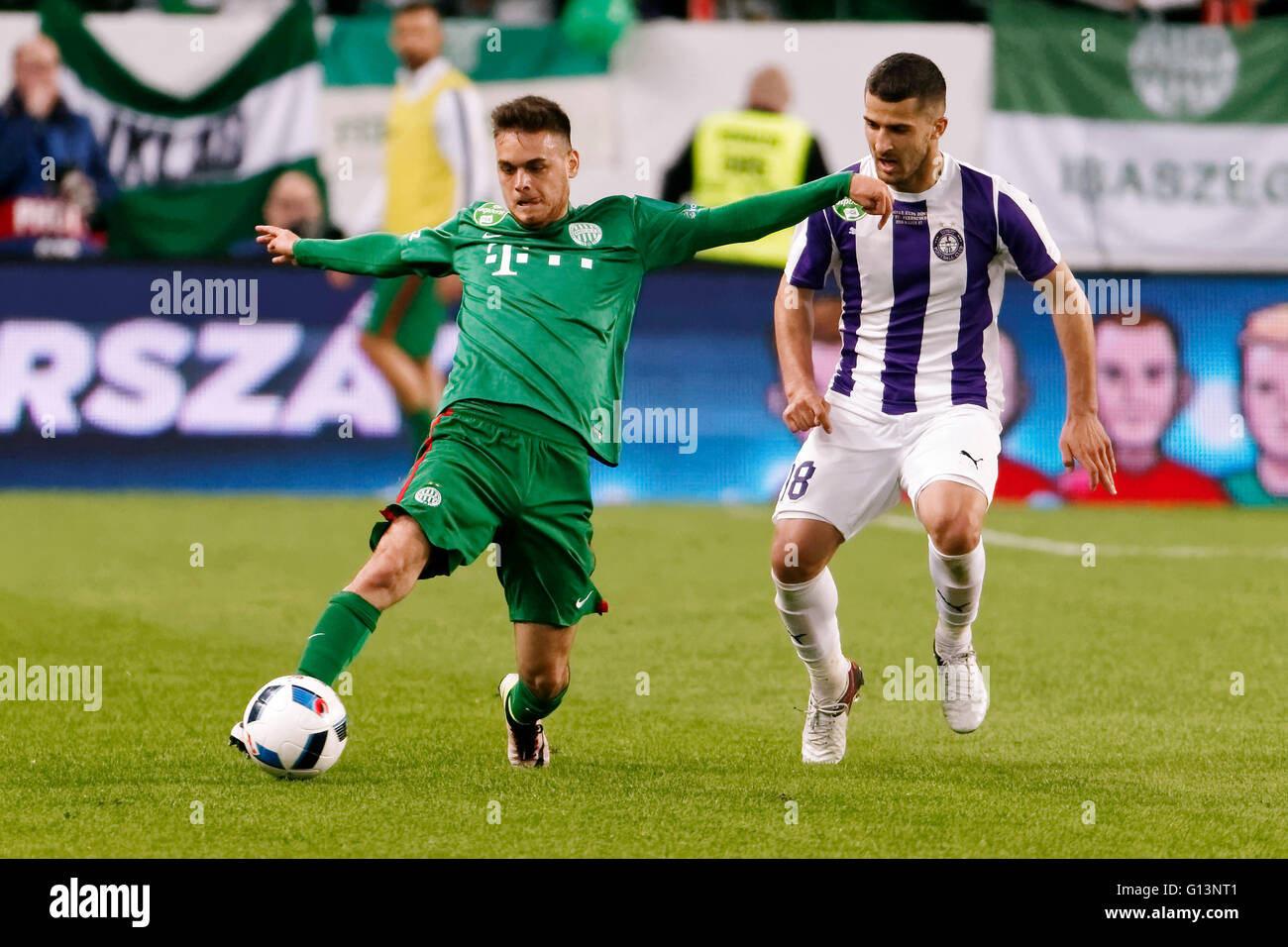 BUDAPEST, HUNGARY - MAY 7, 2016: Robert Litauszki (R) Of Ujpest FC