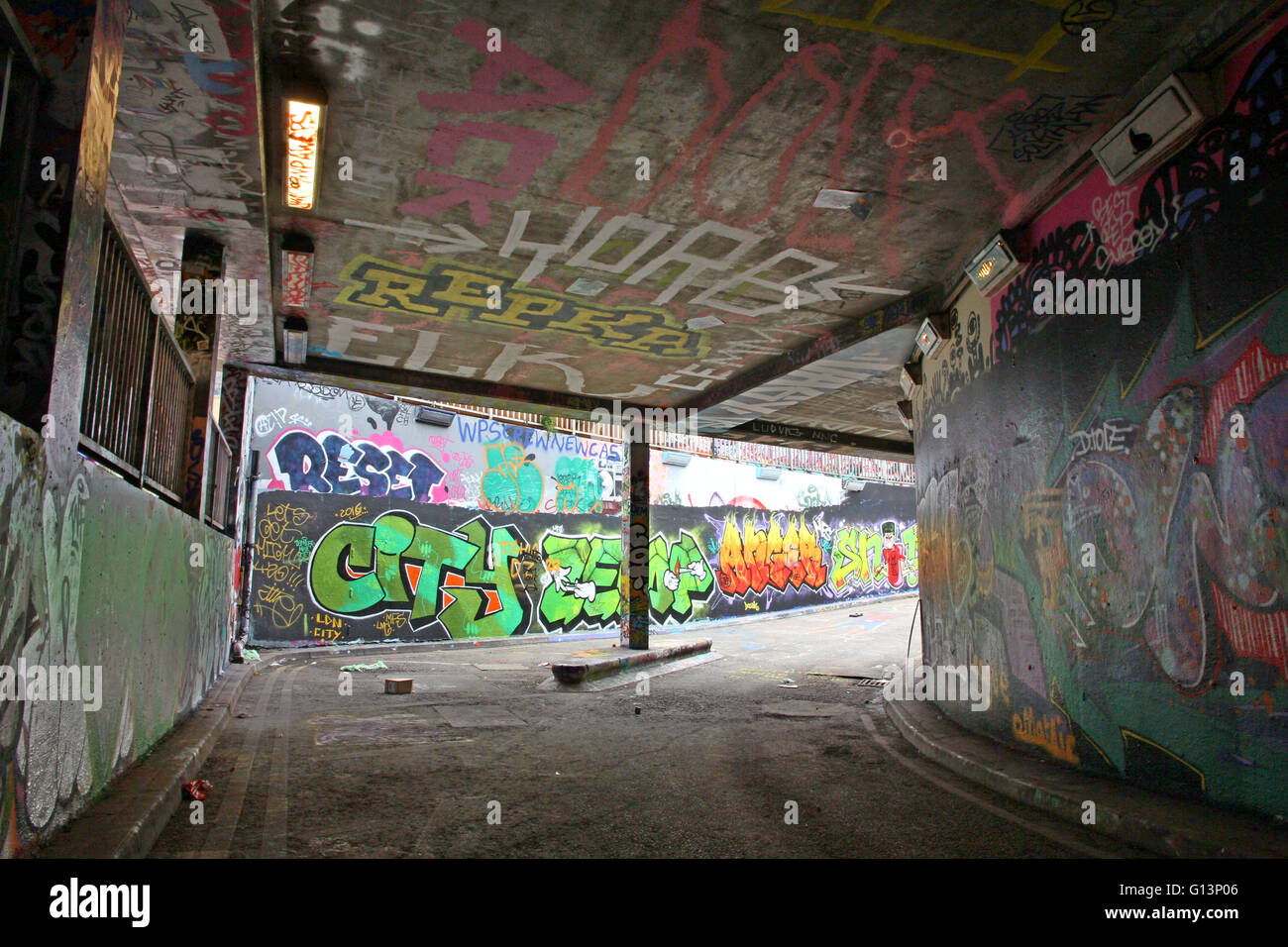 Graffiti art in the Leake St tunnel, London. Also known as Banksy Tunnel or Graffiti Tunnel. Stock Photo