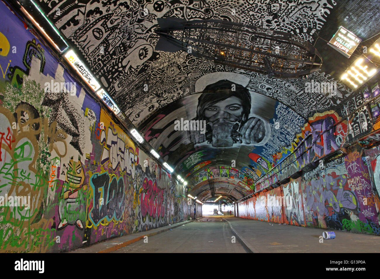 Graffiti art in the Leake St tunnel, London. Also known as Banksy Tunnel or Graffiti Tunnel. Stock Photo