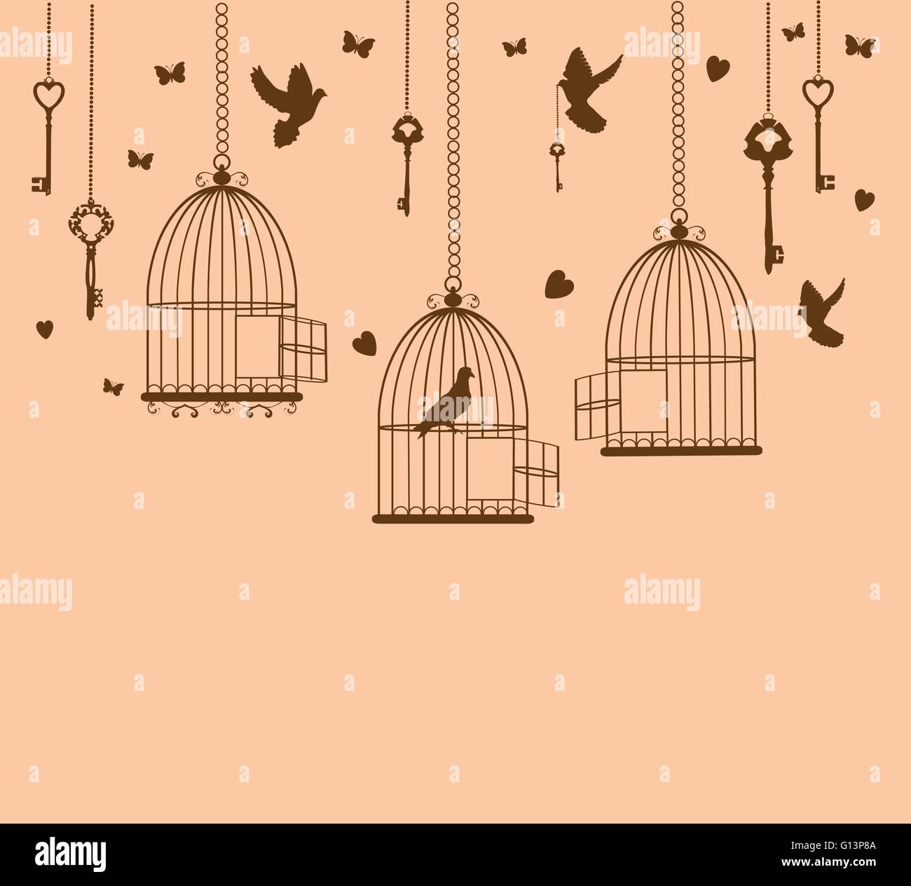 vector illustration of vintage card with birds and cages Stock Vector