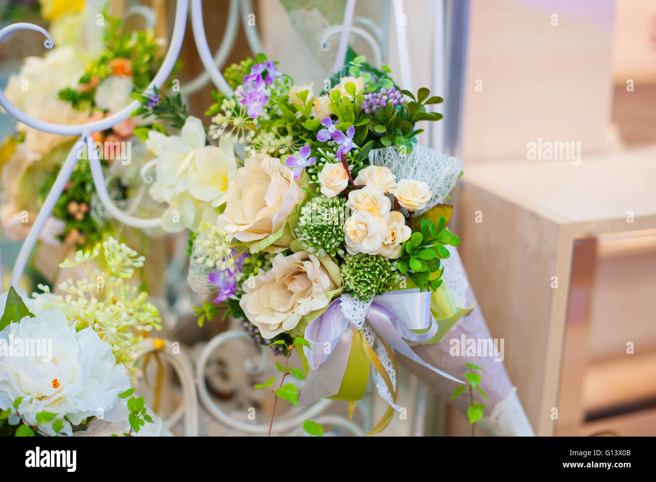Beautiful decor of flowers for the wedding photo shoot Stock Photo