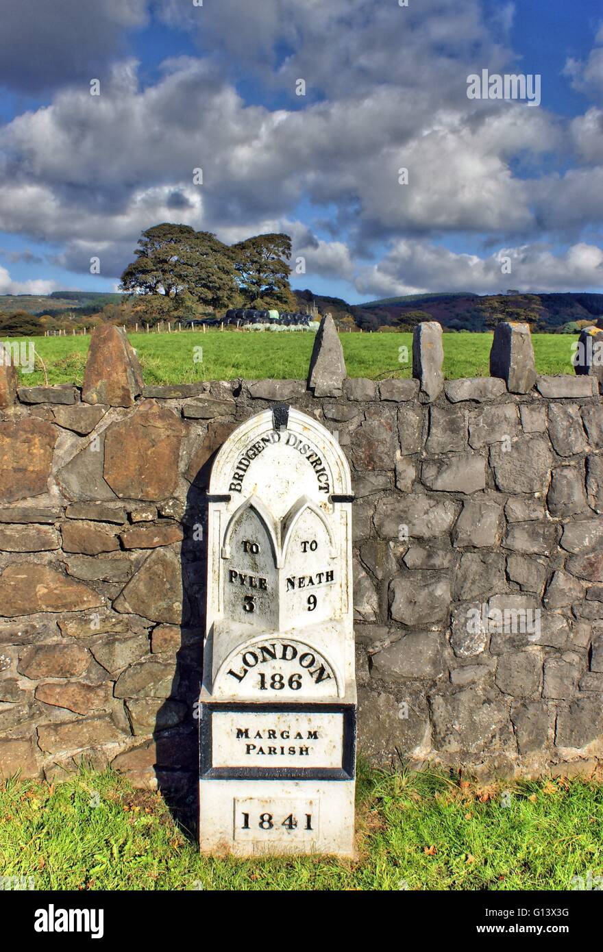 Milestone on the road to London, at Margam Country Park, Port Talbot, Wales Stock Photo