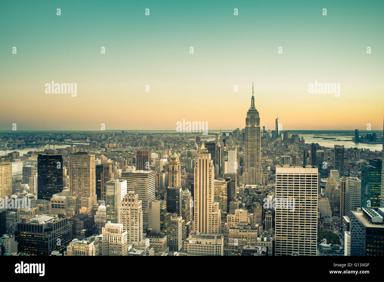 View of New York City across Manhattan with buildings and vintage tone Stock Photo