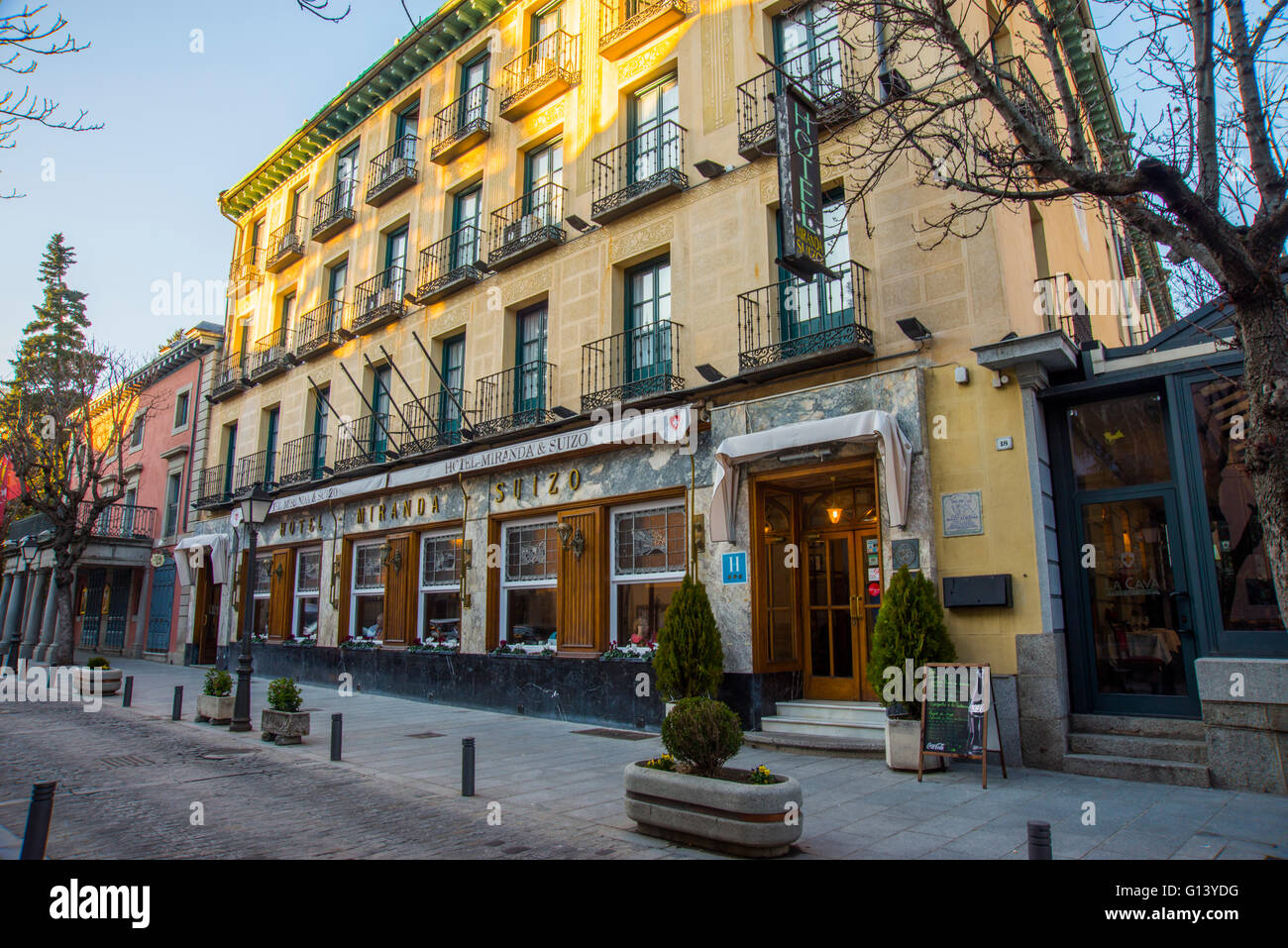 Facade of Miranda & Suizo Hotel. San Lorenzo del Escorial, Madrid province, Spain. Stock Photo