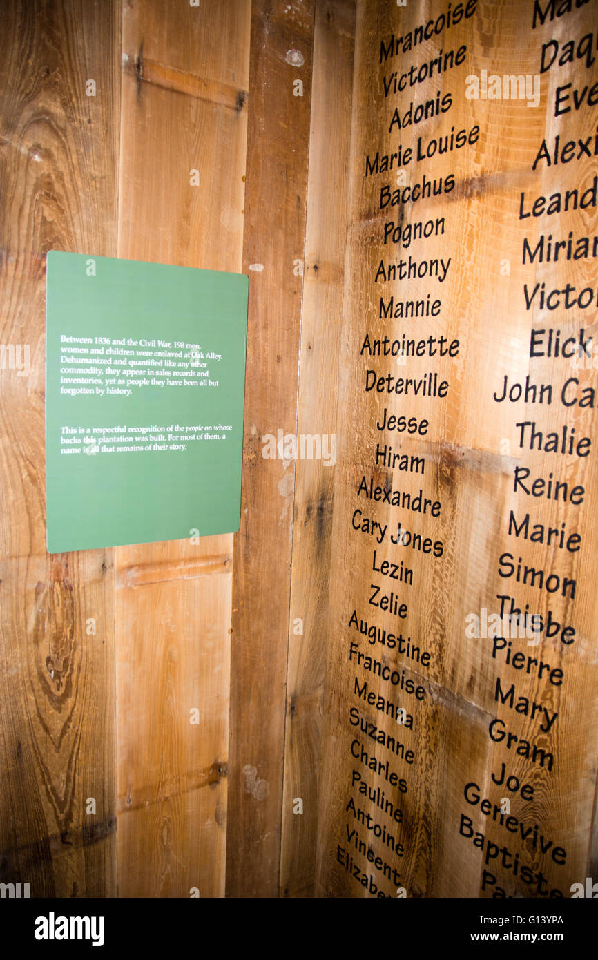 List of Slave Names Who Died, Oak Alley Plantation, Louisiana, USA Stock Photo