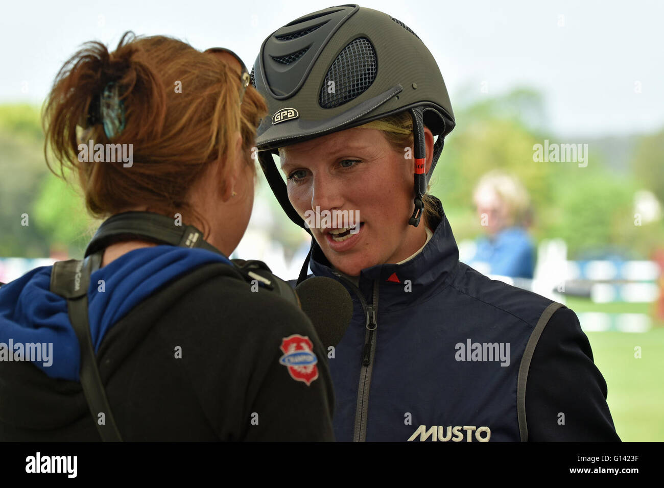 Gloucestershire, UK. 8th May, 2016.   Picture :Badminton Gloucestershire U.K.Mitsubishi Motors Badminton Horse Trials. Zara Tindall GBR interviewed following the show jumping event at the Badminton Horse Trials..    Credit:  charlie bryan/Alamy Live News Stock Photo