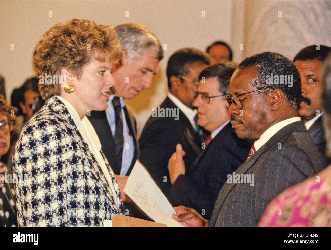 Virginia Thomas, left, and Judge Clarence Thomas, right, during a break