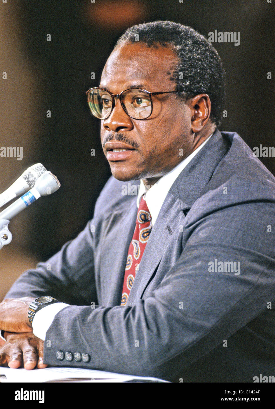 Judge Clarence Thomas testifies during the hearing before the US Senate