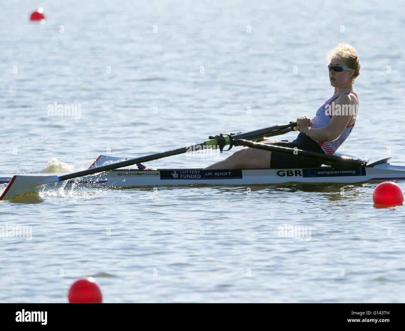 Brandenburg/Havel, Germany. 8th May, 2016. Mathilda Hodgkins-Byrne of Britain on her way to winning the B final of the women's single competition at the European Rowing Championships on Beetzsee Lake in Brandenburg/Havel, Germany, 08 May 2016. Credit:  dpa picture alliance/Alamy Live News Stock Photo
