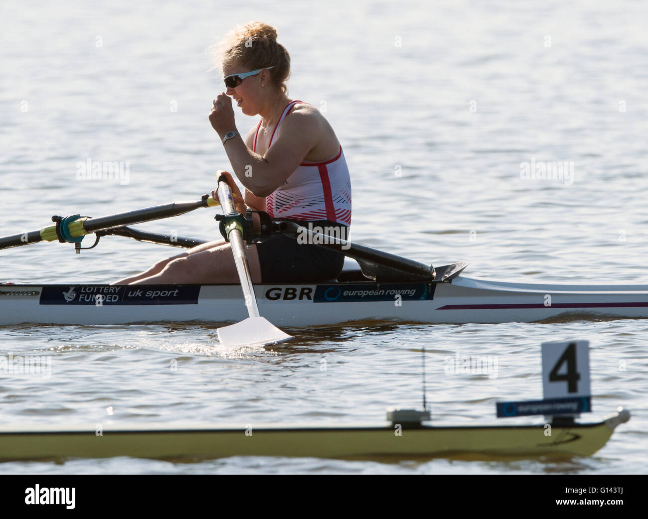 Brandenburg/Havel, Germany. 8th May, 2016. Mathilda Hodgkins-Byrne of Britain celebrates winning the B final of the women's single competition at the European Rowing Championships on Beetzsee Lake in Brandenburg/Havel, Germany, 08 May 2016. Credit:  dpa picture alliance/Alamy Live News Stock Photo