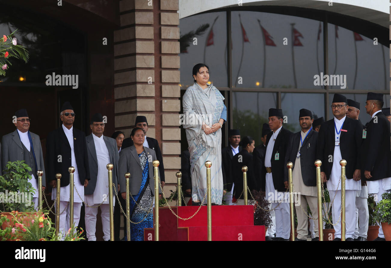 (160508) -- KATHMANDU, May 8, 2016 (Xinhua) -- Nepalese President Bidhya Devi Bhandari inspects the guard of honour before presenting the Nepalese government's annual policy and programme for the next fiscal year 2016/17 at parliament in Kathmandu, Nepal, May 8, 2016. The document mainly focused on the implementation of the Constitution and federalism and the acceleration of post-quake reconstructions. (Xinhua/Sunil Sharma) Stock Photo