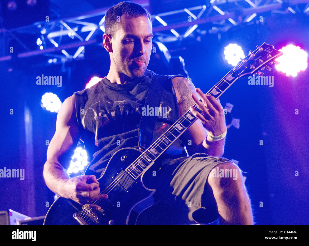 Oviedo, Spain. 7th May, 2016. Guitarist Jordan Posner plays during the  concert of American metalcore band 'Terror' at Otero Butal Fest on the Tour  of their new album 'The 25th Hour' on