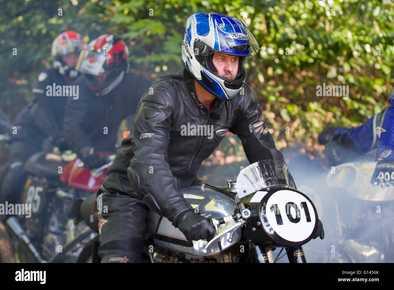 Old vintage motorbikes, motorcycle riders revving up in Chorley, Lancashire, 8th May, 2016. No.101 Christopher Norris riding 1961 498cc Norton Special at the Hoghton Sprint. The Sprint is one of the longest-standing Motorcycle Events in the county and has become an important event on the biking calendar with a dedicated following of committed motorcycle enthusiasts. The Sprint features all different types of bikes from British-made to Japanese-made, and even includes some homemade and customised motorbikes. Stock Photo