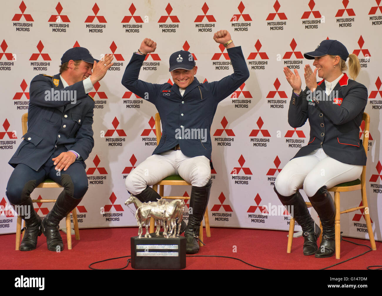 Gloucestershire, UK. 8th May, 2016.   Picture :Badminton Gloucestershire U.K.Mitsubishi Motors Badminton Horse Trials.Winner Michael Jung Germany, Second place Andreas Osholt from Germany and Third place Gemma Tattershall from Great Britain at a post event press conference. Date 08/05/2016   Credit:  charlie bryan/Alamy Live News Stock Photo
