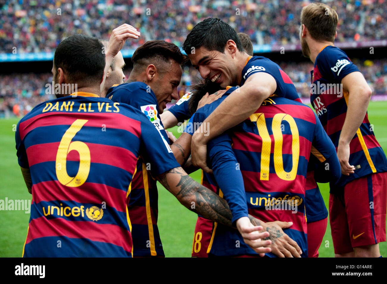 Barcelona, Spain. 8th May, 2016. FC Barcelona's Luis Suarez (R2), Lionel Messi (#10), Neymar (L2) and Dani Alves (L) celebrate after scoring during the Spanish LIGA match between FC Barcelona and Espanyol at the Camp Nou stadium in Barcelona, Spain, May 8, 2016. FC Barcelona won 5-0. Credit:  Lino De Vallier/Xinhua/Alamy Live News Stock Photo