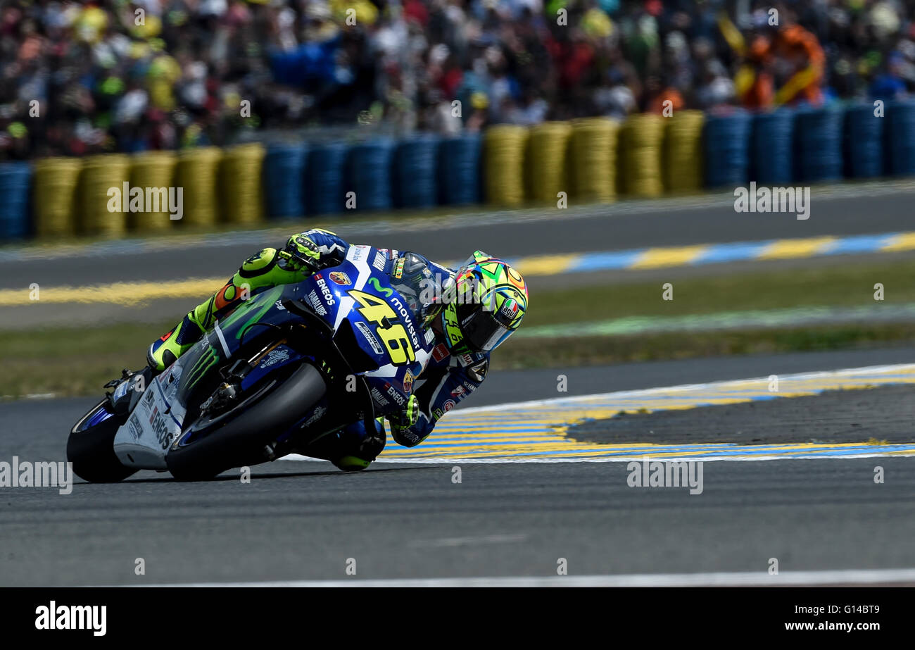 Le mans, France. 08th May, 2016. Valentino Rossi (Movistar Yamaha) during on MotoGP race day. Valentino Rossi is an Italian professional motorcycle racer and multiple MotoGP World Champion. He is one of the most successful motorcycle racers of all time, with nine Grand Prix World Championships Credit:  Gaetano Piazzolla/Pacific Press/Alamy Live News Stock Photo