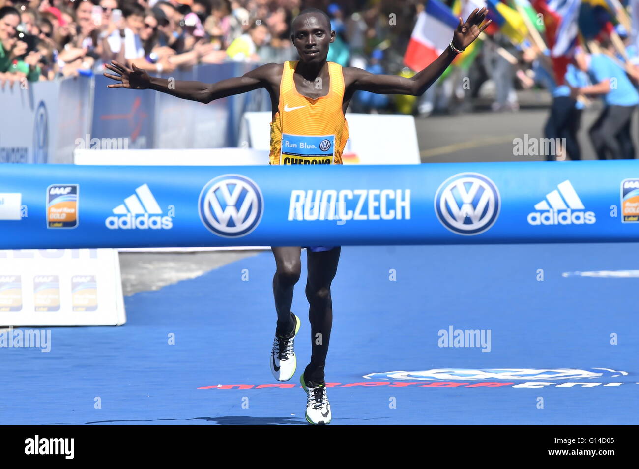 Prague, Czech Republic. 08th May, 2016. Lawrence Cherono (pictured) of Kenya won the Prague Marathon, clocking in 2:07:24 and beating defending Felix Kandie by 50 seconds, and Solomon Kirwa Yego, also of Kenya, who finished third. The winning time today has been the best since 2012. Cherono improved his personal record by more than two minutes in Prague, Czech Republic, May 8, 2016. © Vit Simanek/CTK Photo/Alamy Live News Stock Photo