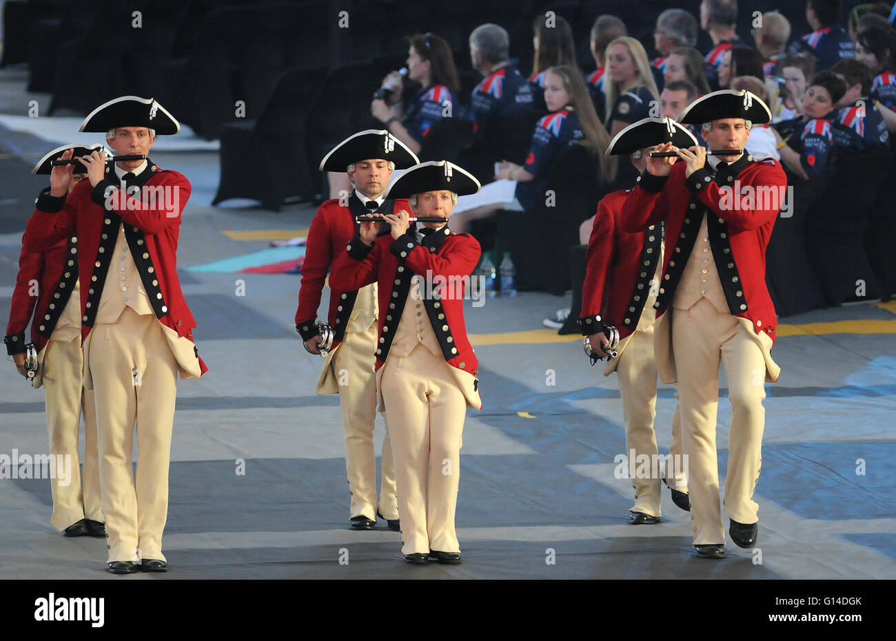 Orlando, Florida, United States. 8th May, 2016. Members of the U.S. Army Old Guard Fife and Drum Corps perform during the opening ceremony of the 2016 Invictus Games at Champion Stadium in the ESPN Wide World of Sports Complex at the Walt Disney World Resort in Orlando, Florida on May 8, 2016. The five day multi-sport event for wounded, injured, or sick armed services personnel includes 500 competitors from fourteen countries. Britain's Prince Harry launched the first Invictus Games in 2014 in London, England. Credit:  Paul Hennessy/Alamy Live News Stock Photo