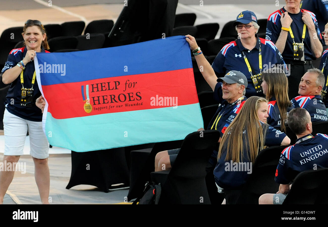 Orlando, Florida, United States. 8th May, 2016. Family members from the United Kingdom display a Help for Heroes flag during the opening ceremony of the 2016 Invictus Games at Champion Stadium in the ESPN Wide World of Sports Complex at the Walt Disney World Resort in Orlando, Florida on May 8, 2016. The five day multi-sport event for wounded, injured, or sick armed services personnel includes 500 competitors from fourteen countries. Britain's Prince Harry launched the first Invictus Games in 2014 in London, England. Credit: Paul Hennessy/Alamy Live News Stock Photo