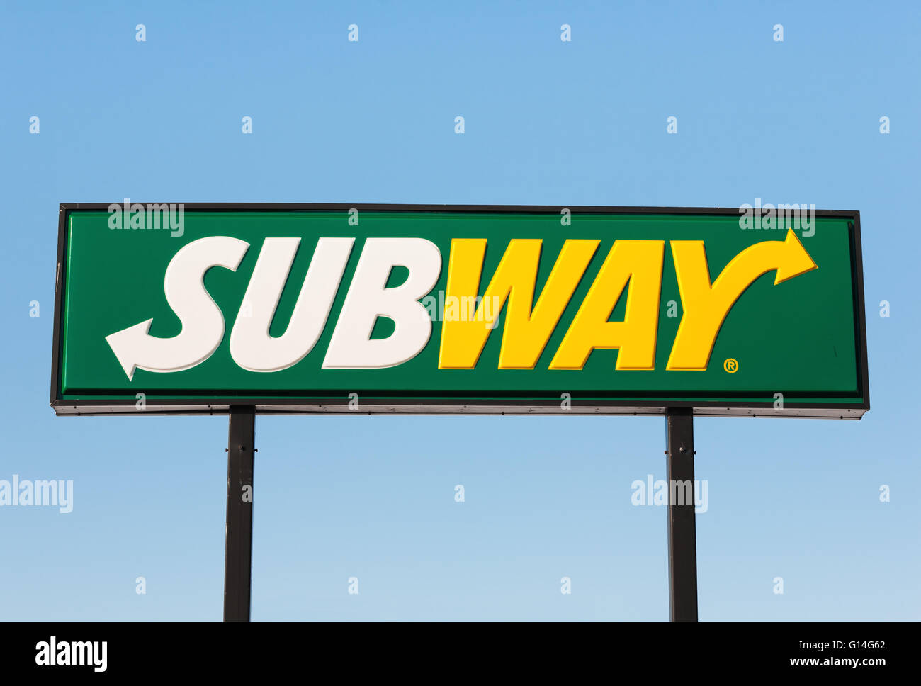 STEWIAKE, CANADA - FEBRUARY 11, 2016: Subway fast food restaurant sign. Stock Photo