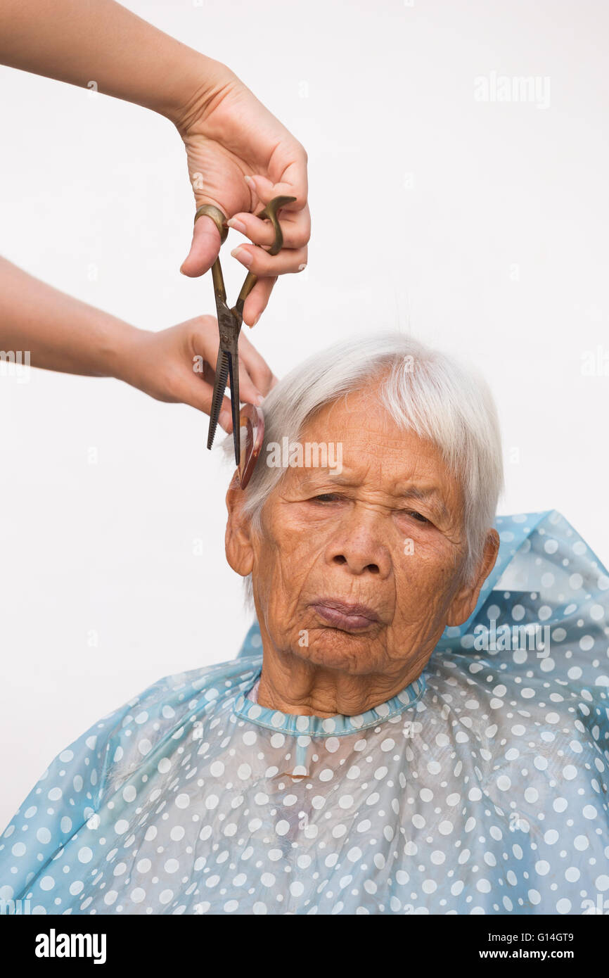 Hair stylist cutting senior woman's gray hair Stock Photo Alamy