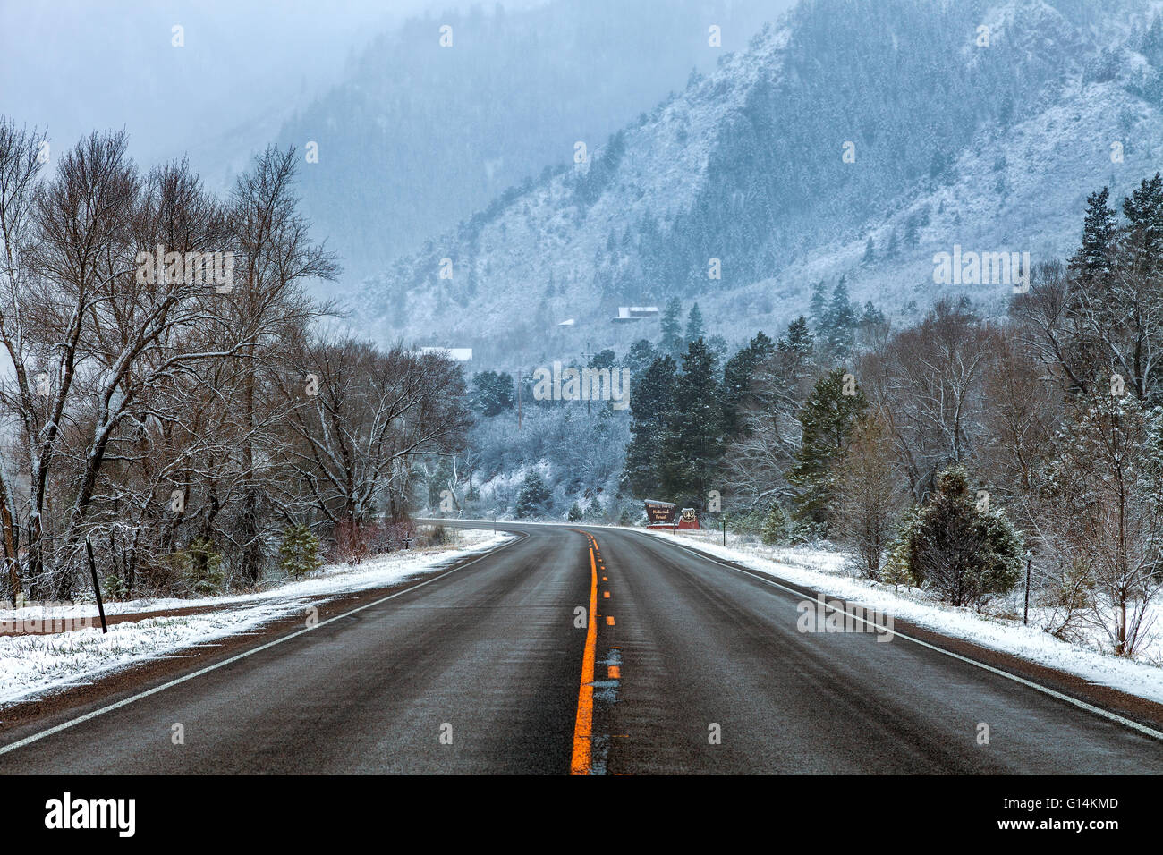 rural highway going through a snowy mountain location. Colorado Highway 133 Carbondale, Colorado Stock Photo
