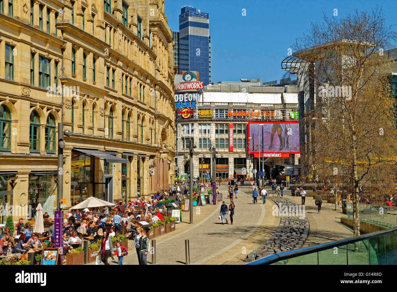 Exchange Square Manchester with Corn Exchange and the Printworks complex in the background. Greater Manchester, England Stock Photo