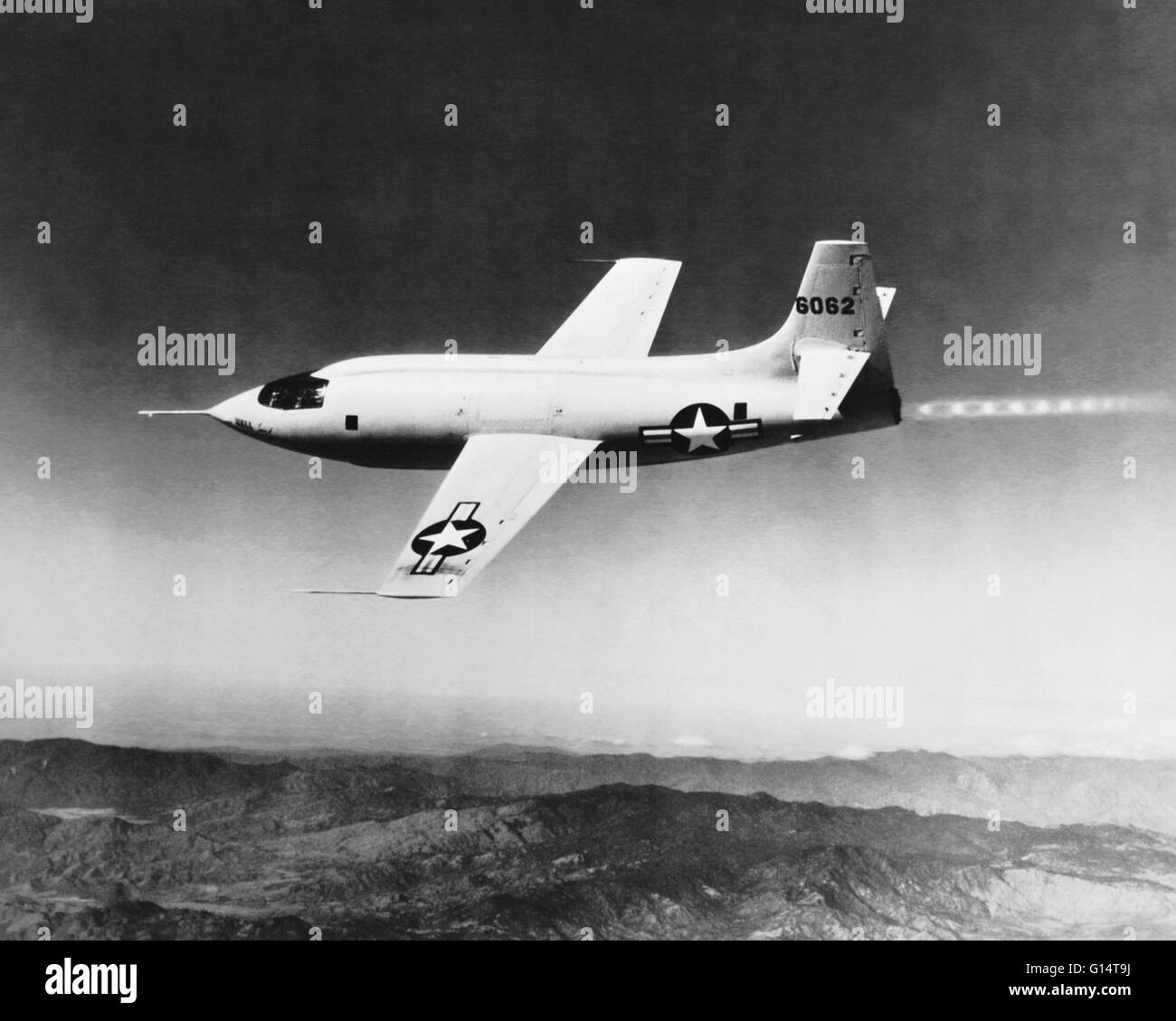 The world's first supersonic aircraft, the Bell X-1, piloted by Charles 'Chuck' Yeager, flew faster than the speed of sound on October 14th, 1947. The X-1 was carried into the air under a converted B-29 bomber, and released at an altitude of 6800 meters o Stock Photo